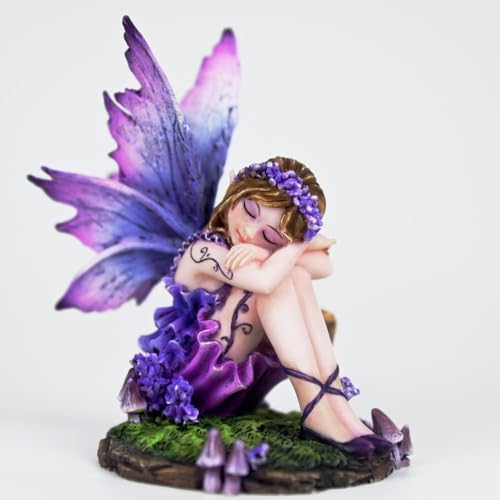 Fantasy Purple Sleeping Fairy Figurine, 3.15 Inch Blue-Purple Gradient Elf Statue, Hand-Painted Resin Decor with Flower Crown & Mini Mushroom Base for Desk, Fairy Garden, Bedroom - Image 3