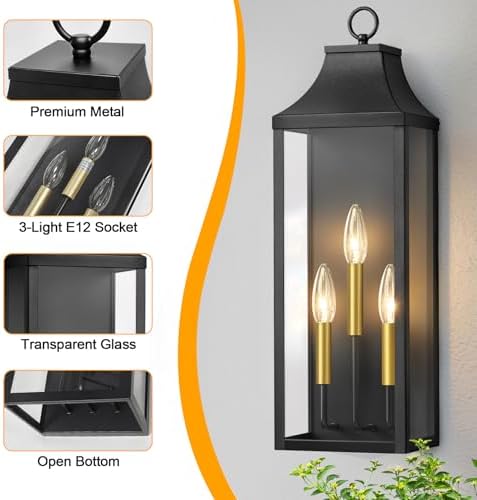 24" Extra Large Outdoor Wall Lights 2-Pack, Black Outside Wall Sconce - Image 6