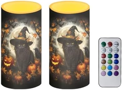 Halloween Set of 2 Flameless Candles Bulk Battery Operated Candles with Timer Remote, Black Cat Pumpkin Print LED Pillar Lights for Trick or Treat Party Decorations by Merkmak