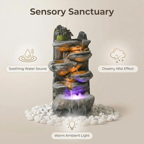 Water Fountain Outdoor,Corded Electric 6-Tier Cascading Rock Waterfall with LED Lights,Garden Fountain with Built-in Pump & Water Circulation,Weather-Resistant Resin for Patio (26.5) - Image 5