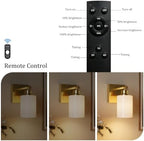 Wireless Battery Operated Wall Sconce Set of Two, Modern, White Glass, Gold - Image 3