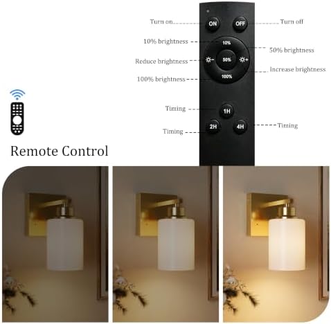 Wireless Battery Operated Wall Sconce Set of Two, Modern, White Glass, Gold - Image 3