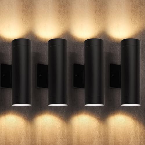 LUTEC Outdoor Wall Light Fixtures, Integrated LED Cylinder Up-Down Sconce, 16W 3000K Waterproof Aluminum Exterior Lighting, Modern Matte Black Wall Sconce Outdoor Lighting for Porch, Entryway, 4 Pack by LUTEC