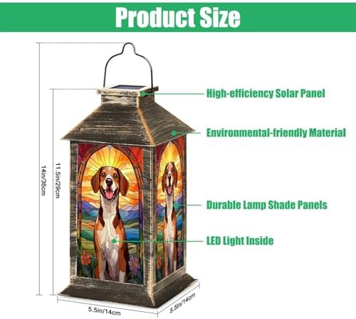 Solar Lantern Stained Glass Beagle Dog Sunset Floral Accents Vintage Flowers Outdoor Waterproof Hanging Solar Light Outside Lights for Patio Yard House Lawn Decor Birthday Gifts for Women Mom - Image 2