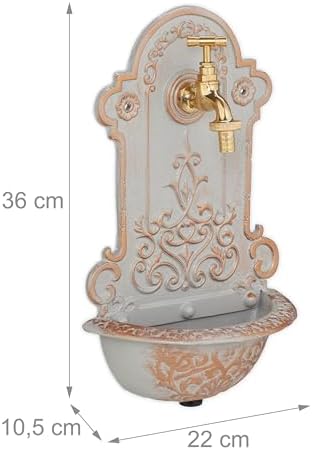 Relaxdays Wall Fountain, Antique Design, Basin & Water Tap, for Garden & Patio, 36 x 22 x 10.5 cm, Cast Iron, Gold/Grey, Brass - Image 4