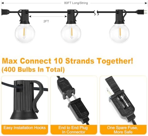 Bosceos 80FT Outdoor G40 LED Globe String Lights Dimmable Waterproof - Image 6