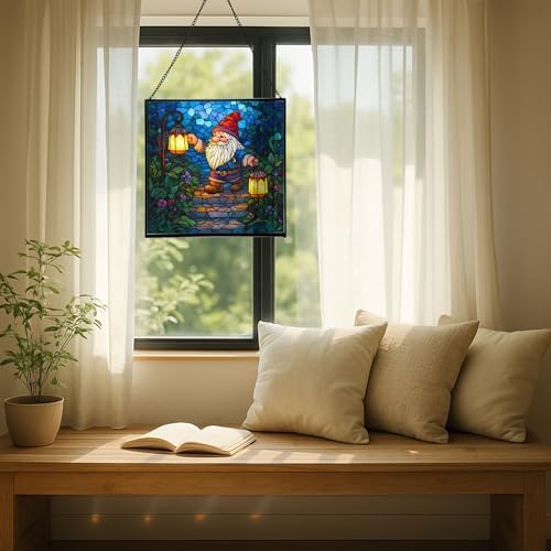 Lantern Path Gnome Stained Glass Suncatcher – Square Hanging Window Panel for Home or Greenhouse – Whimsical Glass Art Gift for Garden Lovers, Christmas, Halloween, Father Days 8DrWKo - Image 7
