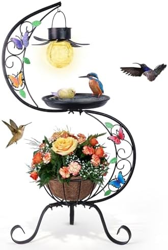 hogardeck Bird Bath for Outside with Solar Lamp, Metal Birdbaths for Outdoors with Flower Planter Pedestal, Vintage Birdbath for Garden Yard Patio Lawn Decor by HOGARDECK