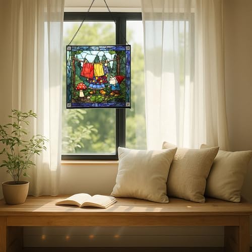 Gnome Hanging Laundry Stained Glass Suncatcher – Square Hanging Window Panel for Home, Garden, Nursery, Halloween, Christmas, Memorial Day – Whimsical Glass Art Gift for Gnome Lovers jfqeo9 - Image 7