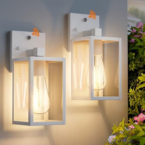 2 Pack White Dusk to Dawn Front Porch Lighting Fixtures Wall Mount, Sensor Outside Exterior Lights for House, Outdoor Lantern Lamp, Waterproof Wall Sconce Lights, Coach Light for Garage Entryway by Unknown