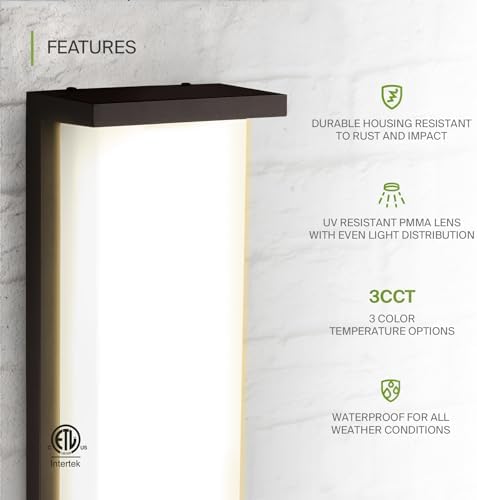 ASD LED 14" Outdoor Wall Light, Front Door House Sconce | 3CCT, Dimmable, Waterproof, ETL Listed | 20W 1900LM 3000-5000K 120V | Exterior Patio Lighting Fixture, Flush Mount Porch Lamp | Black - Image 3