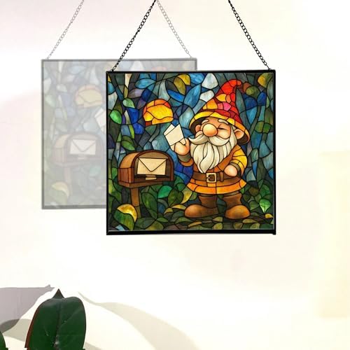 Gnome Mail Delivery Stained Glass Suncatcher – Square Hanging Window Panel for Home or Greenhouse – Whimsical Glass Art Gift for Garden Lovers, Christmas, Halloween, Father Days wzepyO - Image 4