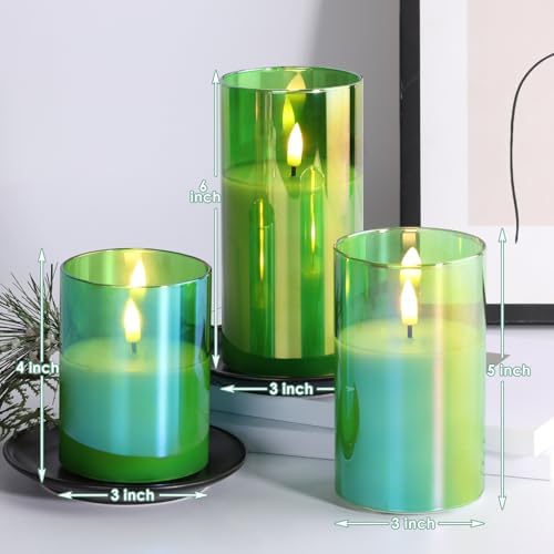 Eywamage Green Glass Flameless Pillar Candles with Remote Set of 3 - Image 2