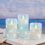 Nautical Flameless Candles with String Lights Flickering Blue Battery Operated Candles with Remote Control & Timer - Home Farmhouse Holiday Ocean Decor - Set of 3 by Silverstro