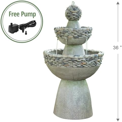 Teamson Home 36.5 in. Outdoor 3-Tier Zen-Style Pedestal Water Fountain in. with Stone Trim with Pump and 2.64 Gallon Capacity, Stone Gray - Image 5