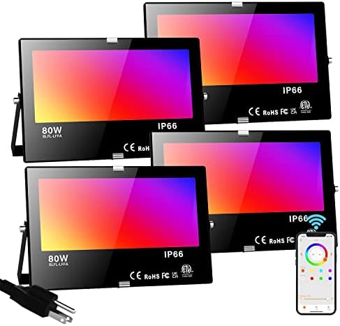 LED Flood Light Outdoor 800W Equivalent Bluetooth Smart Color Change Landscape Lighting DIY-Scene+RGB Colors+Warm White 2700K - APP & Group Control & Timing,IP66 Waterproof US 3-Plug Up Light 4Pack by Neliwo