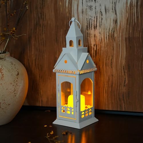 TRIROCKS Rustic Style Metal Candle Lantern 13'' High Decorative Outdoor Lantern Candle Holder with Tempered Glass House Shape for Home Living Room Garden Patio Parties Indoors Outdoors (White) - Image 6