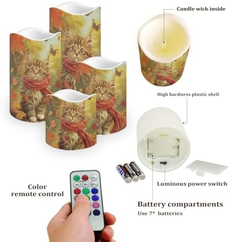 Fall Maple Leaves and Cat Flameless Candles with Timer and Remote Battery Operated LED Candles Color Changing Thanksgiving Day Party Pillar Candles Bulk Fake Candles for Festival Home Decor - Image 3
