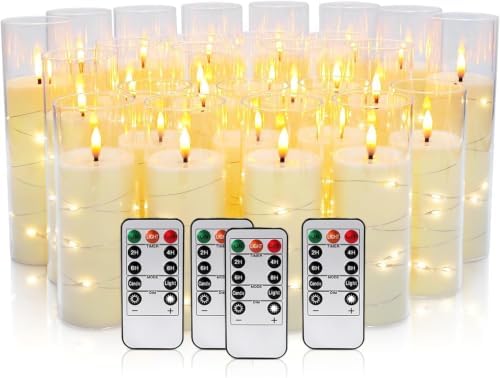 24 Pack Flameless Candles with Embedded Star String Fairy Lights, Battery Operated Candles, LED Candle, Fake Candles with Remote Control and Timer, White,(D2.2 x H 5" 6" 7") by Enpornk