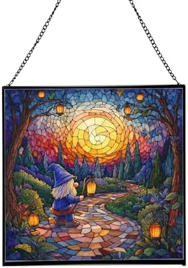 Garden Lantern Path Gnome Stained Glass Suncatcher – Square Hanging Window Panel for Home or Greenhouse – Whimsical Glass Art Gift for Garden Lovers, Christmas, Halloween, Father Days dSeHnz by Custom