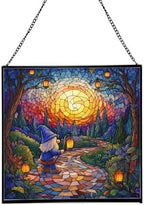 Garden Lantern Path Gnome Stained Glass Suncatcher – Square Hanging Window Panel for Home or Greenhouse – Whimsical Glass Art Gift for Garden Lovers, Christmas, Halloween, Father Days dSeHnz by Custom