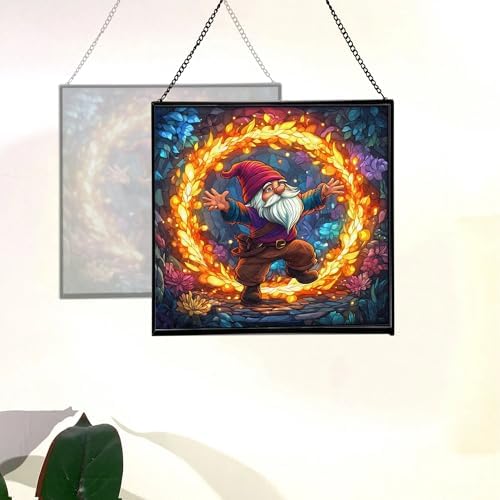Fire Ring Gnome Dance Stained Glass Suncatcher – Square Hanging Window Panel for Home or Greenhouse – Whimsical Glass Art Gift for Garden Lovers, Christmas, Halloween, Father Days dHpxaH - Image 4