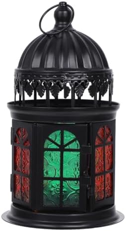 Uonlytech Moroccan Style Colored Glass Candle Holder Lantern, Black Multi-Color Tealight Ornament, Iron Frame Decorative Hanging Candle Lantern for Home and Desktop Décor by UONLYtech