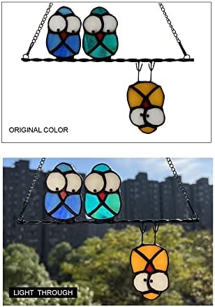 Multicolor Owl on a Wire Stained Glass Window Hanging, Bird Suncatcher for Windows Panels Hangings Hummingbird Ornament Decoration for Wall Home Garden Decor Bird Gift for Owl Lovers - Image 3