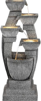 40.5" Outdoor Fountain LED 4-Bowl Cascading Waterfall, Gray - Image 3