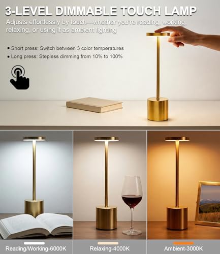 Swinerton Cordless Table Lamp Set of 2, Gold 5000mAh Rechargeable Battery Operated Lamps, Wireless 3 Color Dimmable Touch Lamp Table Light for Restaurant Dining Patio Outdoor, Home Decor - Image 5
