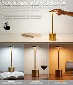 Swinerton Cordless Table Lamp Set of 2, Gold 5000mAh Rechargeable Battery Operated Lamps, Wireless 3 Color Dimmable Touch Lamp Table Light for Restaurant Dining Patio Outdoor, Home Decor - Image 5