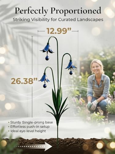 2026 New Triple Bluebell Garden Stake with Bells, Handmade 26inch Metal Rain Chimes Flower Plant Sculpture Yard Decorations Outdoor Rustic Wind Chime Ornament Gift for Walkways Patios Lawn - Image 6