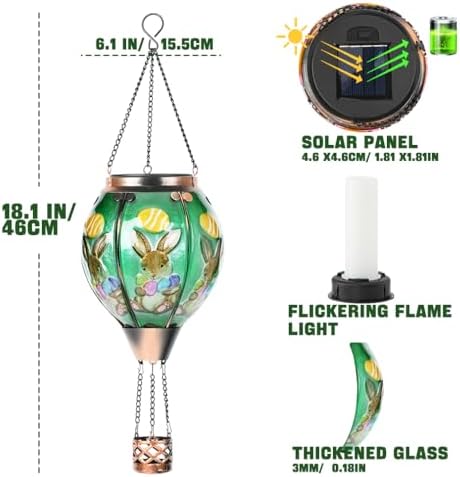 Easter Hot Air Balloon Solar Lantern - Bunny Stained Glass Lantern, Simulated Flickering & Dancing Flame, Outdoor Hanging Yard Light Waterproof IP65 for Patio Lawn Porch Decor Rabbit Gift - Image 6