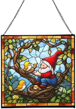 Gnome with Baby Birds Stained Glass Suncatcher – Square Hanging Window Panel for Home, Garden, Nursery, Halloween, Christmas, Memorial Day – Whimsical Glass Art Gift for Gnome Lovers n0kdzi by Unknown