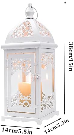 JHY DESIGN Filigree Decorative Candle Lantern 15''High Metal Candle Lanterns Vintage Style Hanging Lantern Decorations with Glass for Indoor Outdoor Events Parities Weddings (White) - Image 6