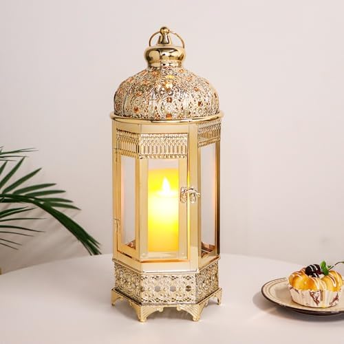 TRIROCKS Moroccan Candle Lantern16'' Gold Hexagonal Candle Holder with Tempered Glass Decorative Indoor Outdoor Ramadan Lantern for Living Room Garden Yard Patio Parties Events (Gold) - Image 6