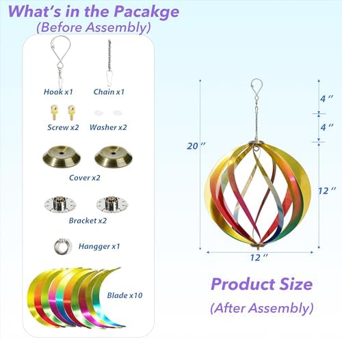 12" Hanging Wind Spinners Outdoor Assembly Required Rainbow 3D Metal Ball - Image 2