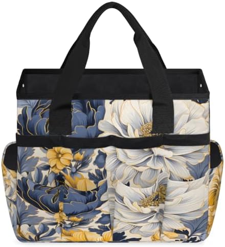 Navy Blue Floral Garden Tool Bag Organizer Heavy Duty Yellow Flowers Gardening Tote Bag with 10 Pockets for Women Men Gardening Gifts - Image 2
