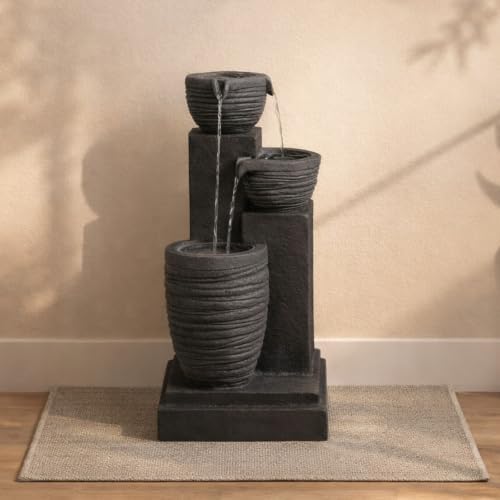 Teamson Home Horizontal Ribbed Pattern Outdoor Water Fountain, Warm Gray - Image 6