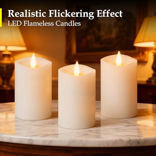3"x5" Flickering Flameless Candles with Remote Timer- Set of 3 Real Wax White Pillar LED Candles for Indoor/Outdoor Fireplace & Home Decor, Battery Operated with 600+ Hours Flickering (3" Diameter) - Image 4