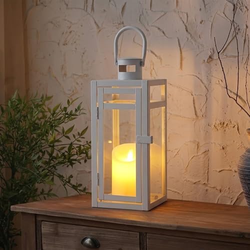 TRIROCKS Decorative Candle Lantern 12'' High Metal Candle Holder with Tempered Glass Perfect for Home Decor Living Room Parties Events Tabletop Indoor Outdoor (White) - Image 2