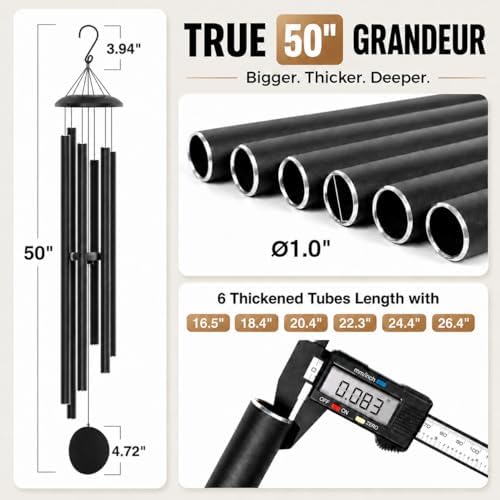 50" Extra Large Wind Chimes for Outside Deep Tone, 6 Extra-Thick Aluminum Tubes for Lasting Resonance, Big Outdoor Wind Chime for Garden Patio Decor, Relaxing Gift for Mom Dad Men Neighbors, Black - Image 2