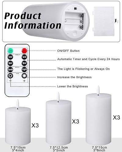 VIHOSE 9 Pack White Flameless Candles Set with Remote and Timer Flickering Flameless Battery Candles Flat Top LED Pillar for Wedding Outdoor Home Festival Decoration(D 3'' H 4'' 5'' 6'') - Image 2