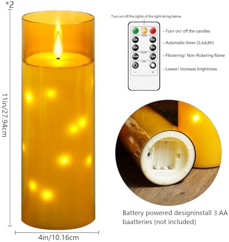 kakoya 11" x 4" Large Outdoor Waterproof Flameless LED Candles with Remote and Timer,Acrylic Pillar Candles Battery Operated with Embedded Star String for Porch,Patio,Outdoor Decor,Set of 2(Gold) - Image 5