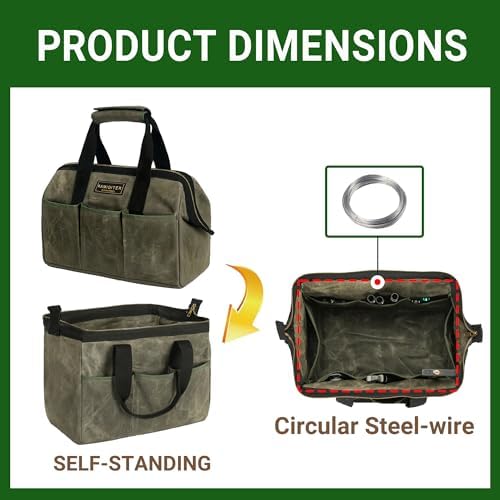 15 Inch Tool Bag, Heavy Duty Wide Mouth Water-Resistant Tool Bag, Tool Tote with Handle for Tools, Wrenches, Screwdrivers (15 X 7.8 X 11.5 inch) | ArmyGreen - Image 3