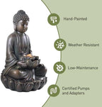 19.7" H Buddha Fountain with Pump & LED Light, 2 Tier Zen Style Meditating Buddha Water Fountain Indoor and Outdoor Buddha Statues for Garden Patio Backyard and Home Decor - Image 7