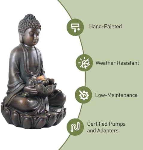 19.7" H Buddha Fountain with Pump & LED Light, 2 Tier Zen Style Meditating Buddha Water Fountain Indoor and Outdoor Buddha Statues for Garden Patio Backyard and Home Decor - Image 7