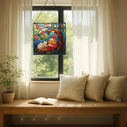Gnome and Cat Nap Stained Glass Suncatcher – Square Hanging Window Panel for Home or Greenhouse – Whimsical Glass Art Gift for Garden Lovers, Christmas, Halloween, Father Days AV15Ti - Image 7