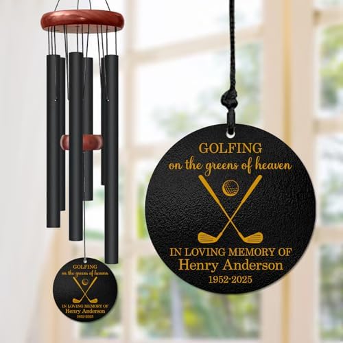 Personalized Golf Memorial Wind Chime – “Golfing on The Greens of Heaven” Custom Name & Years – Sympathy Gift for Golfers, Dad, or Grandpa – Outdoor Remembrance Windchime for Loss of Loved One by AlpadilCo
