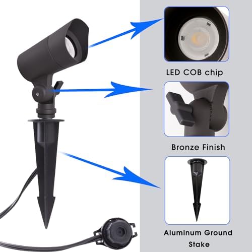 E ENERGETIC LIGHTING LED Landscape Lights with Connectors, 12V Low Voltage, Warm White 3000k, 4W, 175LM, Outdoor Waterproof Garden Pathway Lights Wall Tree Flag Spotlights with Spike Stand, 6 Pack - Image 4